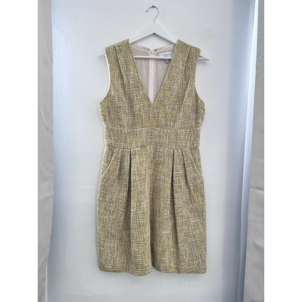 Adam Lippes Gray Yellow Tweed Pleated Silk Lined Career Sheath Pocket Dress 8